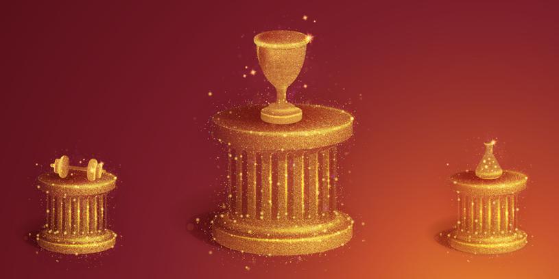 Three golden pedestals with a bag, a chalice, and a dumbbell 